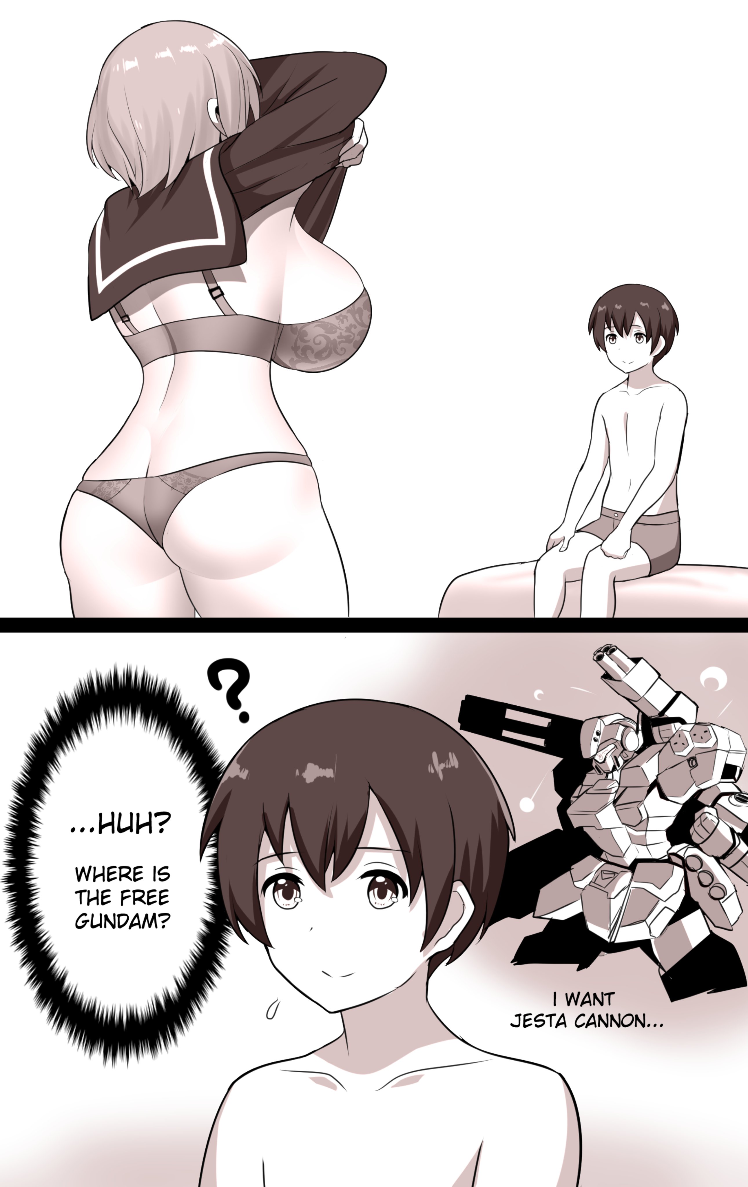 ?, 1boy, 2koma, absurdres, alto-kun, altronage, bra, breasts, comic, female, greyscale, gundam, gundam unicorn, highres, humor, indoors, large breasts, male, male underwear, mecha, monochrome, on bed, original, panties, rgm-96x jesta cannon, robot, science fiction, sitting, straight, thought bubble, topless male, underwear, undressing, you gonna get raped