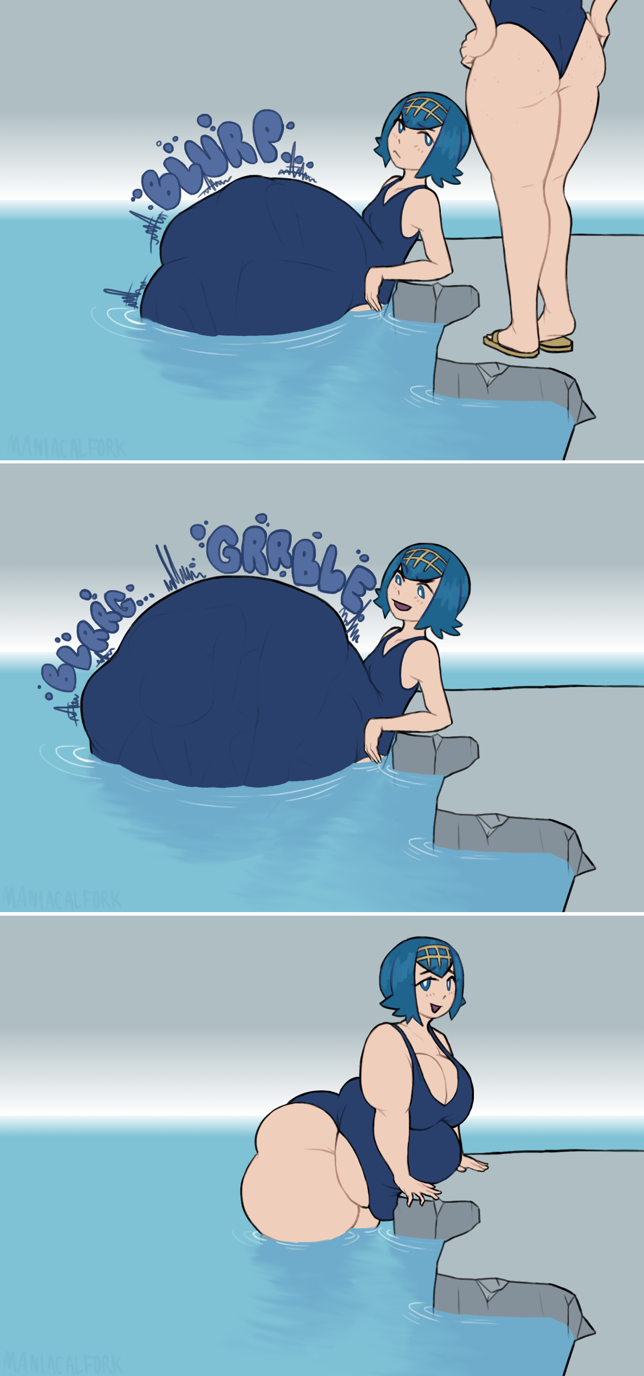 big belly, breasts, comic, digestion, fatal vore, female, flat chest, lana (pokemon), large breasts, maniacalfork, one-piece swimsuit, pokemon, pokemon sm, same size vore, swimsuit, vore, water, weight gain