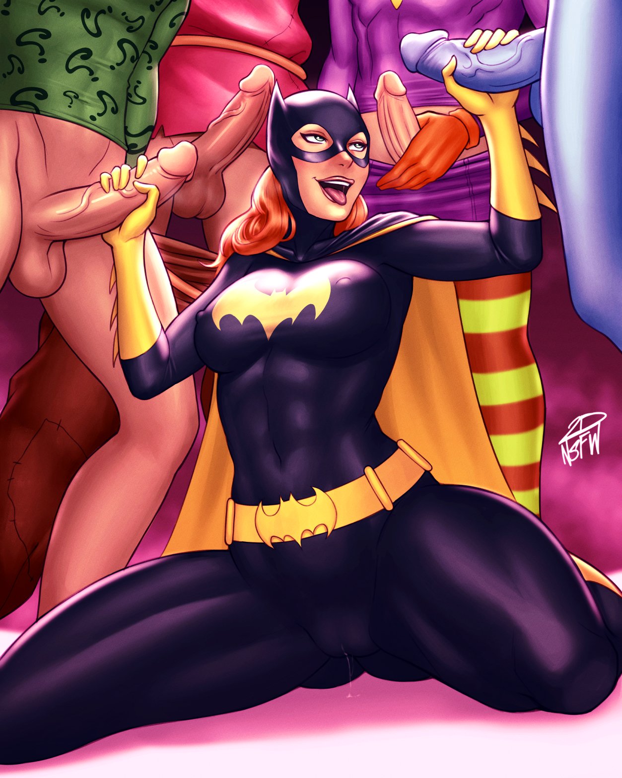 1girls 2023 2dnsfw 2dswirl 4boys alternate_version_available barbara_gordon batgirl batman_(series) big_breasts big_penis blush breasts bukkake dc dc_comics drury_walker edward_nashton edward_nygma female gangbang handjob jonathan_crane killer_moth light-skinned_female mr._freeze part_of_a_set penis riddler scarecrow_(dc) unseen_male_face victor_fries