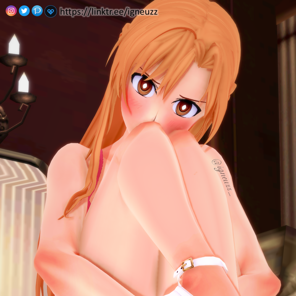 3d bed_sheet blush bottomless bra condom condom_wrapper dutch_angle embarrassed female high_heels holding holding_condom huge_breasts hugging_own_legs igneuzz knees_up light-skinned_female long_hair looking_at_viewer orange_hair pink_bra sitting sitting_on_bed sword_art_online underwear white_footwear yuuki_asuna