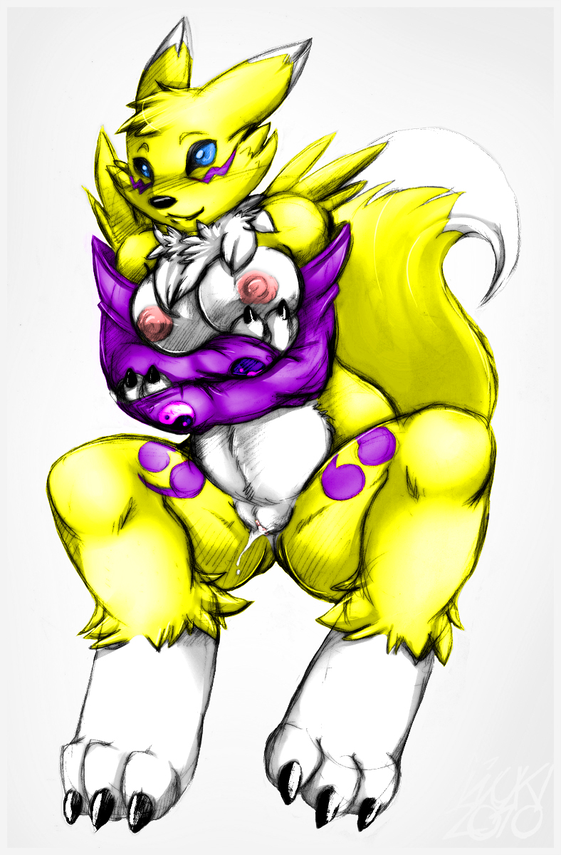 anthro breasts color digimon female female_only front_view fur furry inuki nude pussy_juice rek renamon solo tagme vulva