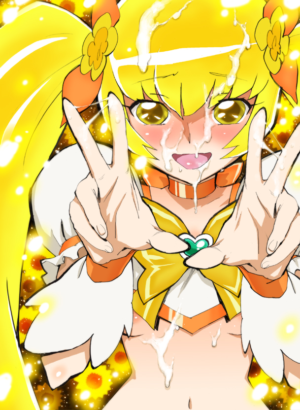 blonde_hair bukkake clothing cum cum_on_body cum_on_upper_body cum_string cure_sunshine double_v facial female flat_chest heartcatch_precure! inoue_kiyoshirou long_hair magical_girl midriff myoudouin_itsuki navel open_mouth precure pretty_cure smile solo sunflowers tied_hair twintails v yellow_eyes