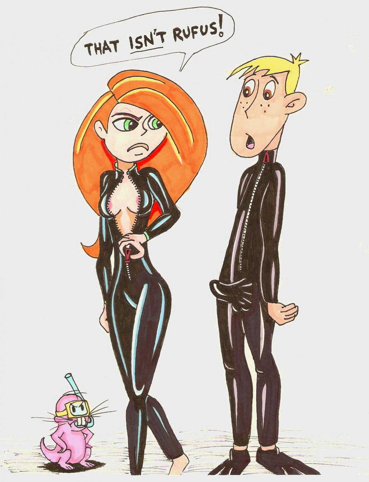 breasts disney disney_channel english_text erection erection_under_clothes female fully_clothed human kim_possible kimberly_ann_possible male medium_breasts naked_mole_rat open_clothing open_shirt pale_skin partially_clothed ron_stoppable rufus_(kim_possible) standing straight_hair tagme tenting toony