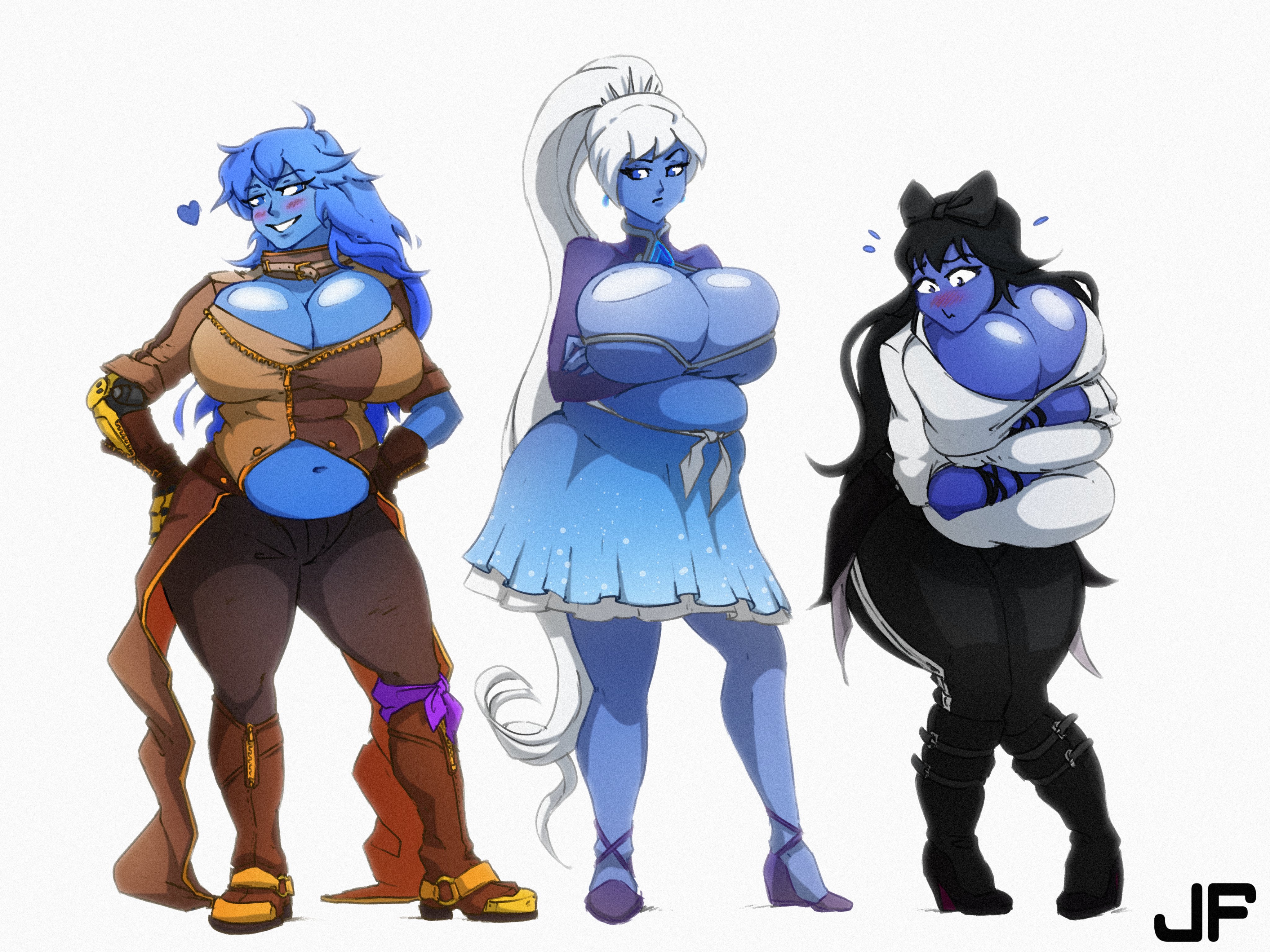 3girls, ass, belly, belly expansion, blake belladonna, blue body, blueberry inflation, boots, breast expansion, breast growth, breast growth (enlargement), breasts, cleavage, clothing, female, female only, huge ass, huge breasts, inflation, juicyflater, rwby, weiss schnee, yang xiao long