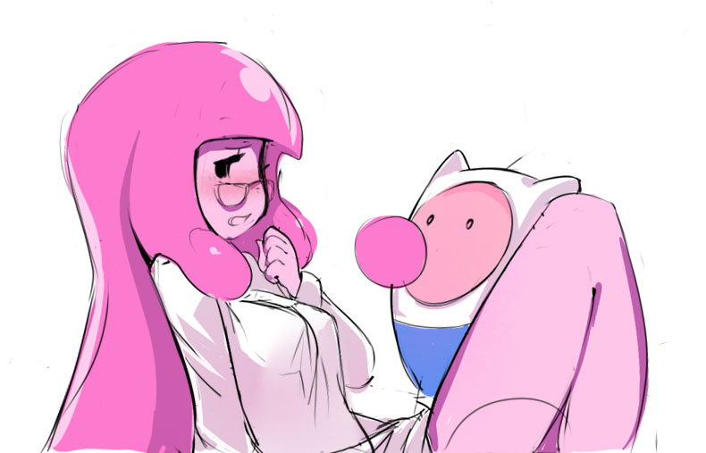 1boy 1girls 2013 adventure_time after_oral bigger_female blowing_bubblegum blushing bottomless bottomless_female cartoon_network clenched_fist cunnilingus finn_the_human glasses hat labcoat long_hair looking_at_partner nipples_visible_through_clothing pleasure_face princess_bubblegum shirt sho-n-d spread_legs thighs white_background