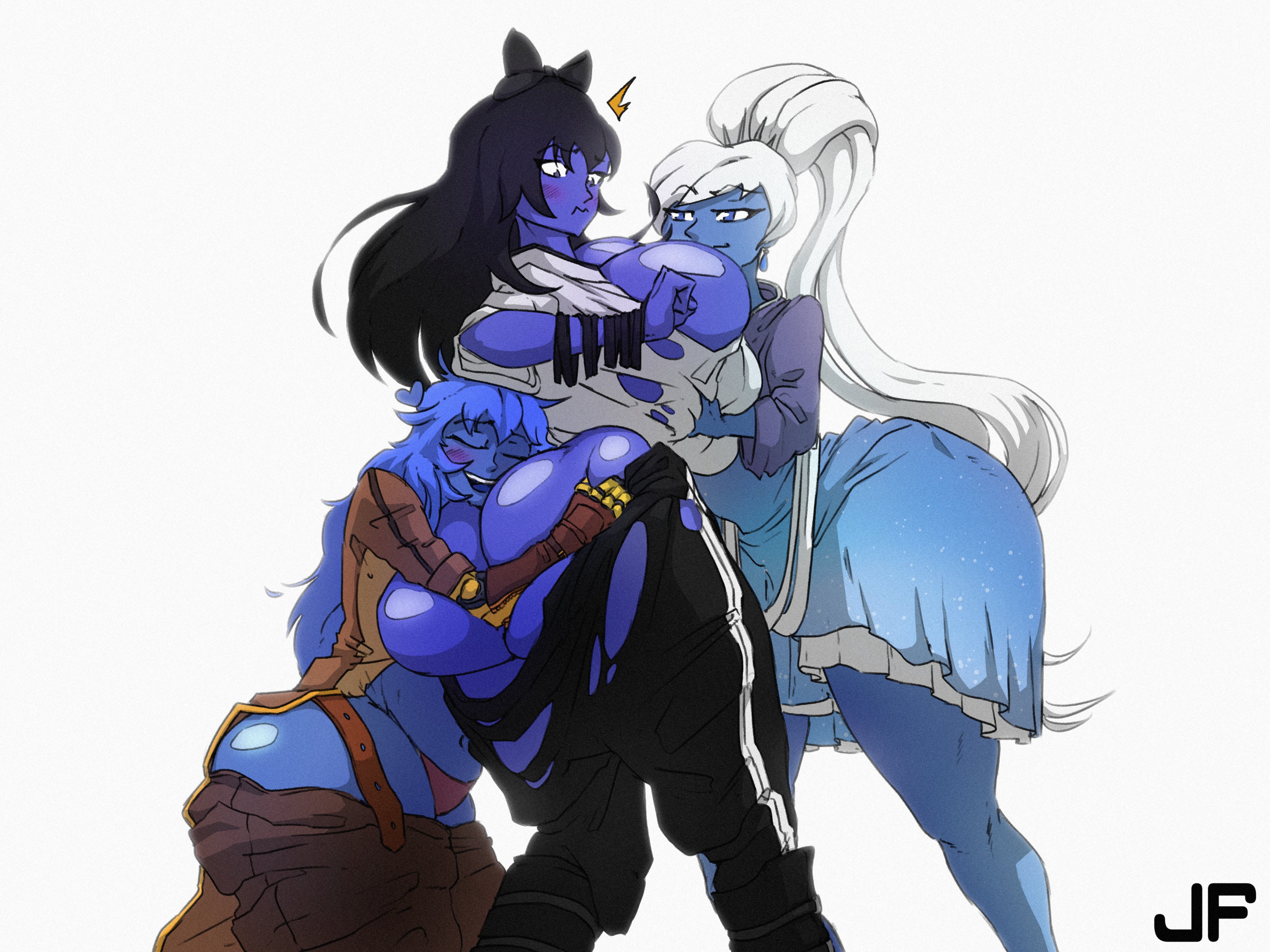 3girls, ass, belly, belly expansion, blake belladonna, blue body, blueberry inflation, breast expansion, breast growth, breast growth (enlargement), breasts, cleavage, clothing, female, female only, huge ass, huge breasts, inflation, juicyflater, rwby, weiss schnee, yang xiao long