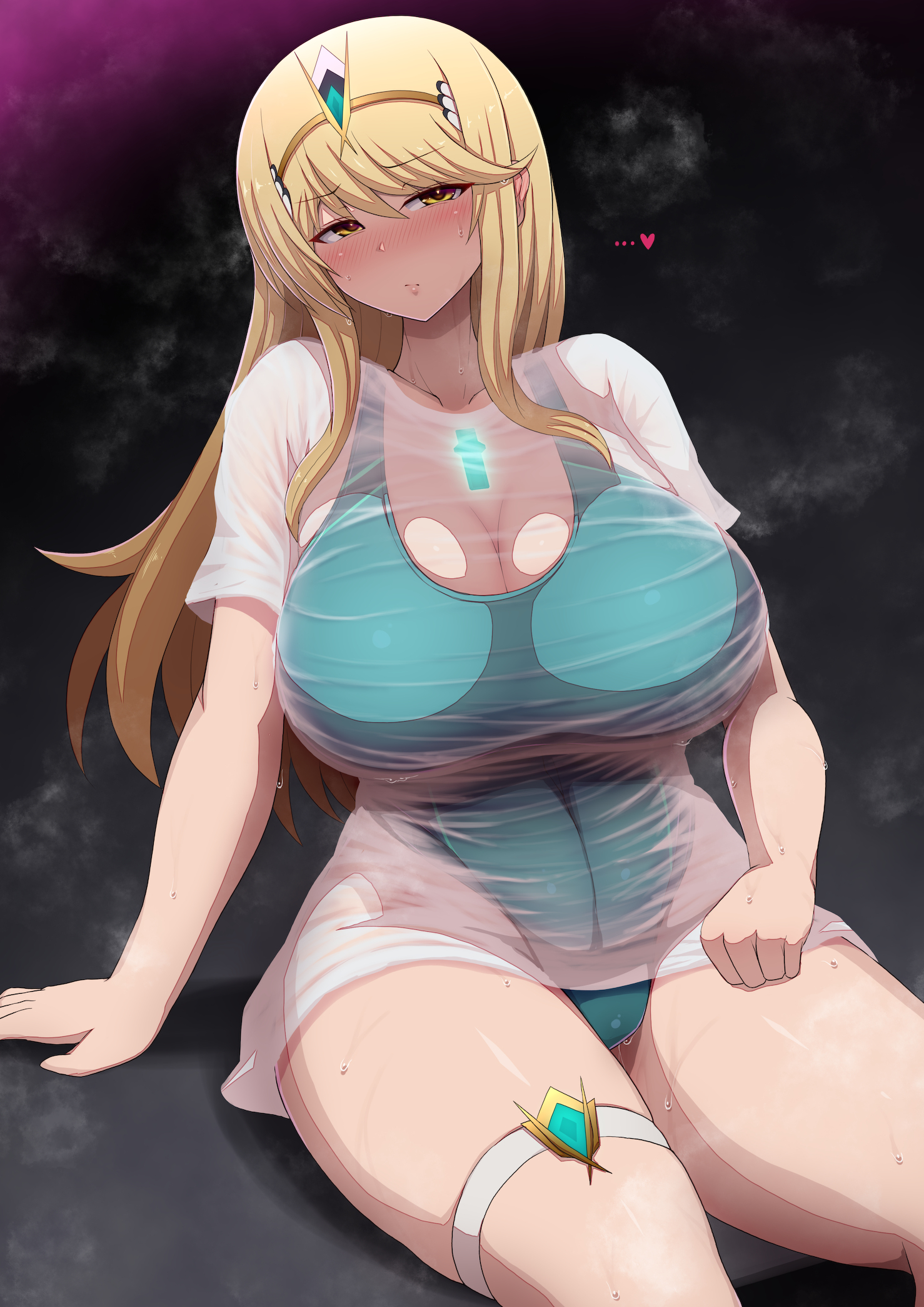 1girls, bangs, blonde hair, blush, breasts, competition swimsuit, core crystal, embarrassed, female, gold eyes, high resolution, highleg swimsuit, hips, huge breasts, long hair, mythra, nintendo, one-piece swimsuit, ponpo, ponponmaru, see-through, see-through clothing, swept bangs, swimsuit, thick thighs, thighs, voluptuous, wet t-shirt, wide hips, xenoblade (series), xenoblade chronicles 2
