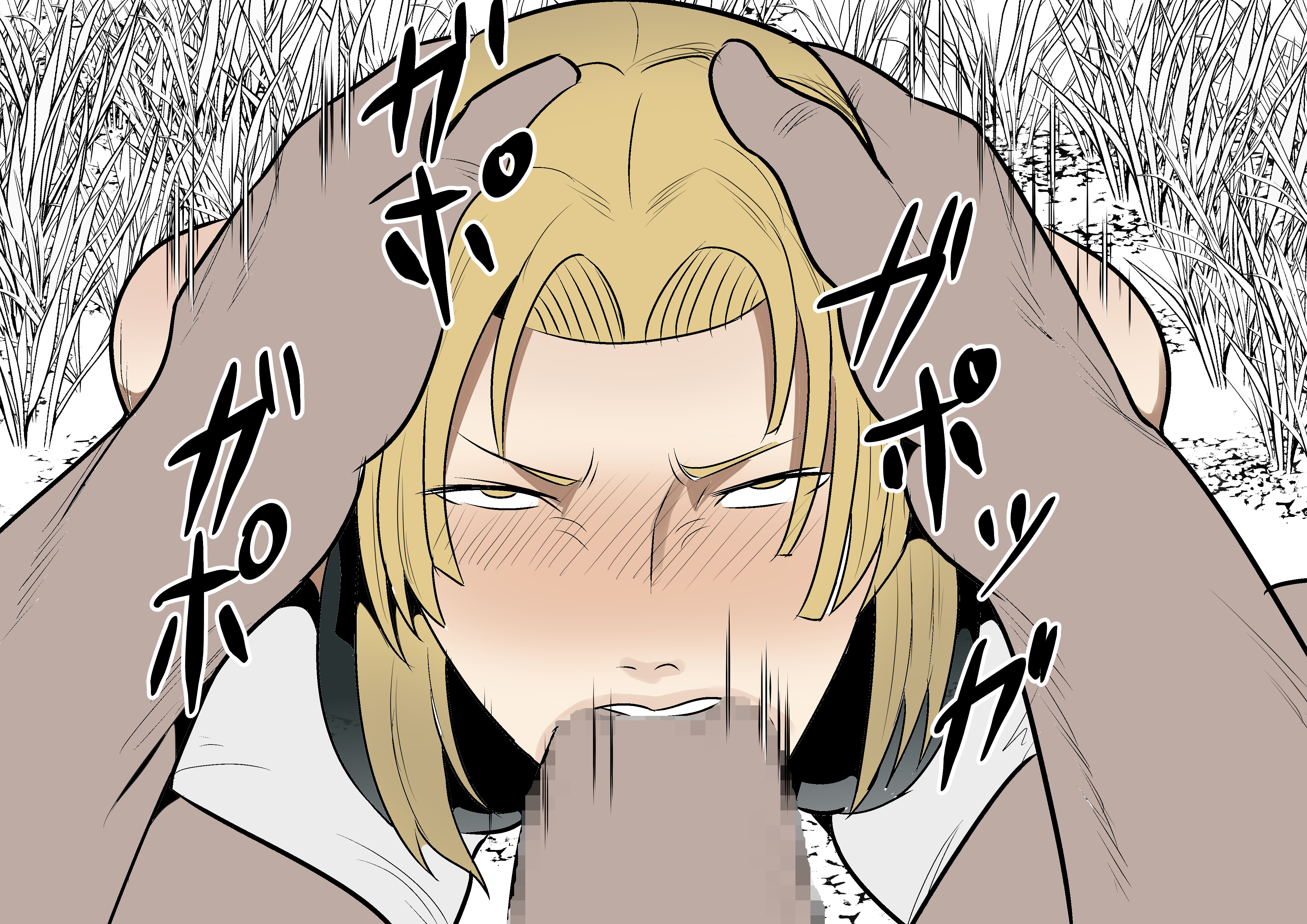 1boy, 1girls, angry, angry fellatio, arms behind back, blonde hair, blonde-haired female, dark skin, dark-skinned male, fellatio, female, forced, forced fellatio, forced oral, hands on head, head grab, irrumatio, jujutsu kaisen, kneeling, male, nier (artist), oral, oral sex, partial male, rape, teeth, yuki tsukumo