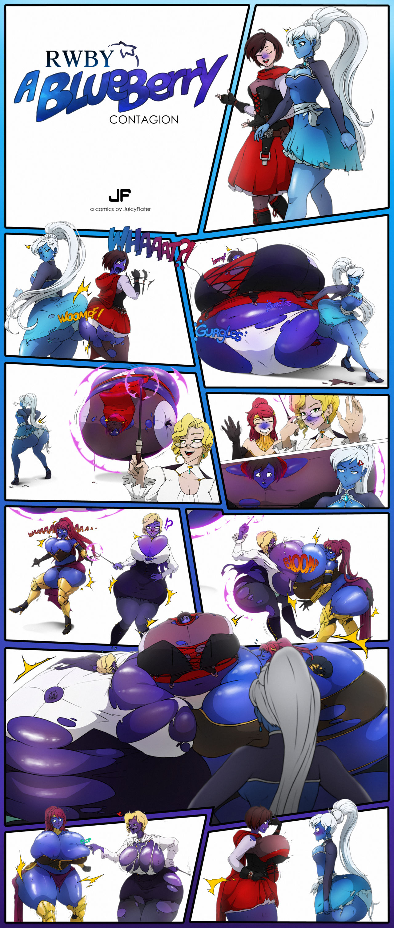 4girls, ass, ass expansion, belly, belly expansion, blue body, blueberry inflation, breast expansion, breast growth, breast growth (enlargement), breasts, comic, female, female only, glynda goodwitch, huge ass, huge breasts, inflation, juicyflater, multiple females, multiple girls, pantyhose, pyrrha nikos, ruby rose, rwby, skin turning blue, spherical inflation, sunken head, sunken limbs, weiss schnee