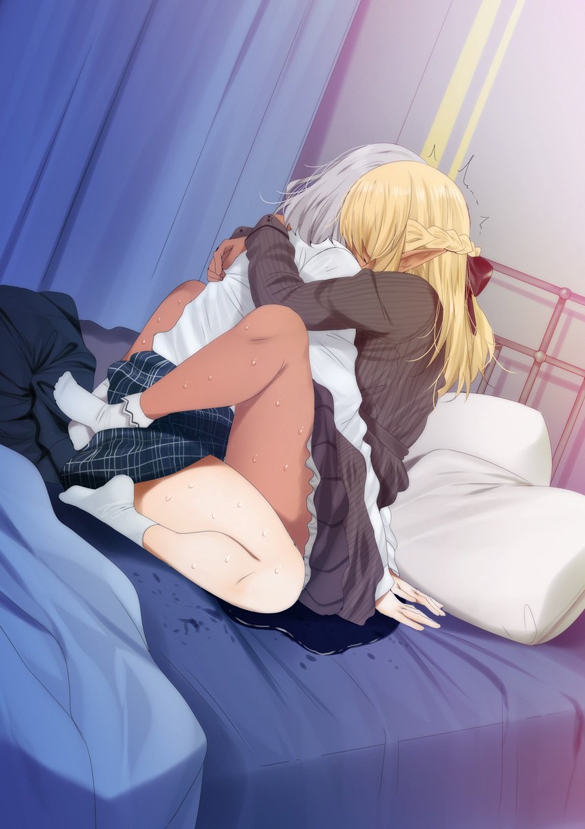 2girls bed blonde_hair braid clothed_sex fumihiko_(pixiv2658856) green_skirt hair_ribbon highres hololive hololive_fantasy hololive_japan hug implied_futanari medium_hair multiple_girls on_bed pillow plaid plaid_skirt pussy_juice red_ribbon ribbon shiranui_flare shirogane_noel short_hair skirt sweat virtual_youtuber wholesome yuri