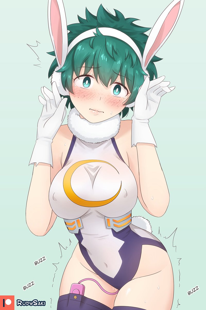 bunny_ears bunny_girl bunnysuit covered_navel female female_deku genderswap_(mtf) green_eyes green_hair izuku_midoriya large_breasts miruko_(cosplay) my_hero_academia rudy_saki rule_63 thick_thighs vibrator wide_hips