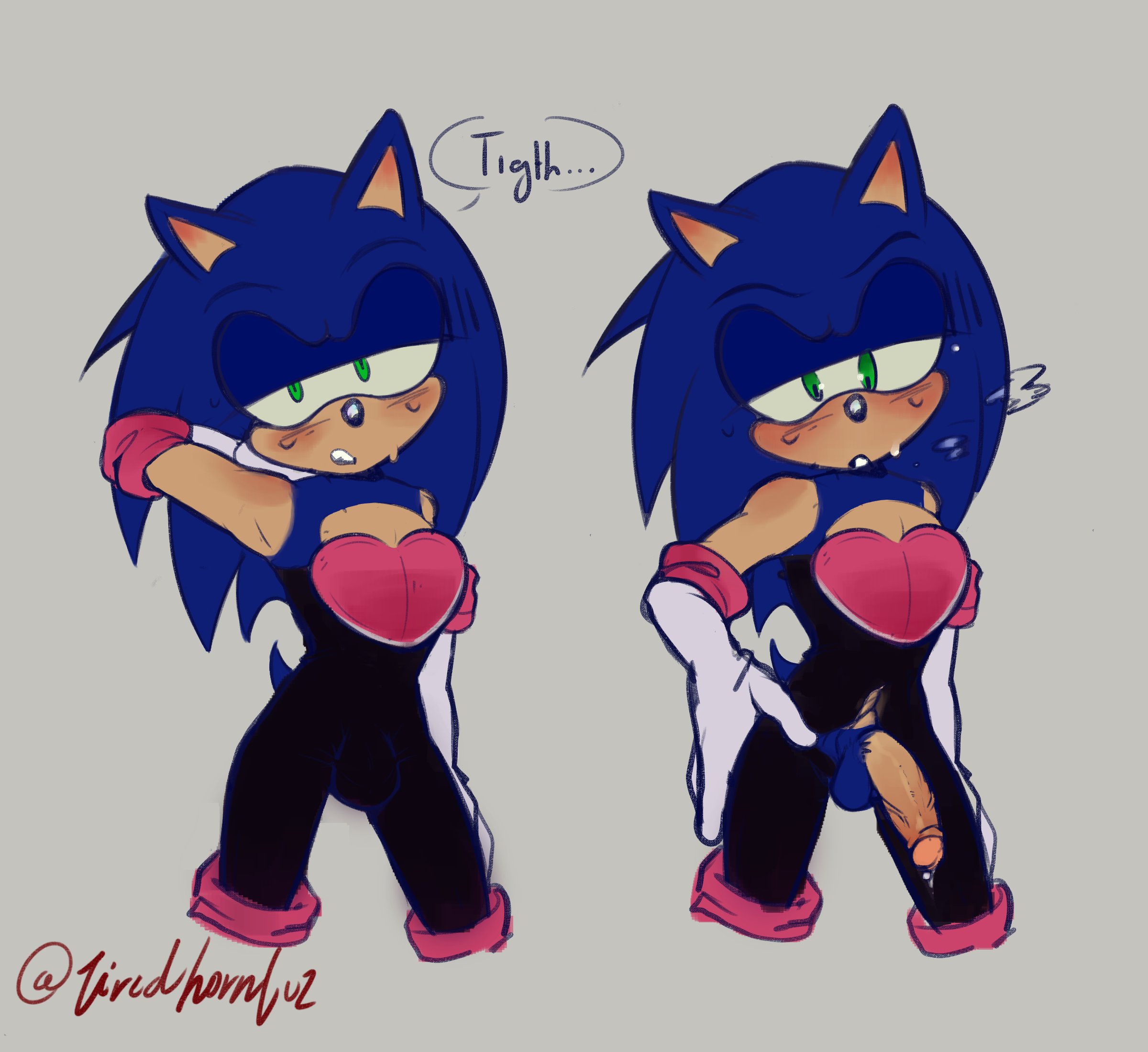 big penis, big thighs, blue fur, bulge through clothing, crossdressing, english text, erect penis, femboy, girly, green eyes, lidded eyes, male, penis, ripped bodysuit, ripped clothing, rouge the bat (cosplay), sonic (series), sonic the hedgehog, sonic the hedgehog (series), sweat