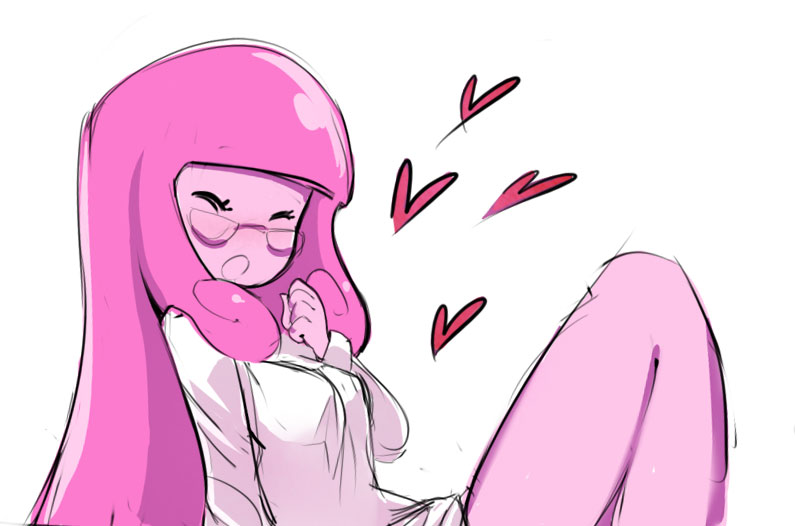 1boy 1girls 2013 adventure_time bigger_female bottomless bottomless_female cartoon_network clenched_fist closed_eyes cunnilingus female finn_the_human glasses heart labcoat long_hair nipples_visible_through_clothing pleasure_face princess_bubblegum shivering sho-n-d spread_legs thighs unseen_character white_background