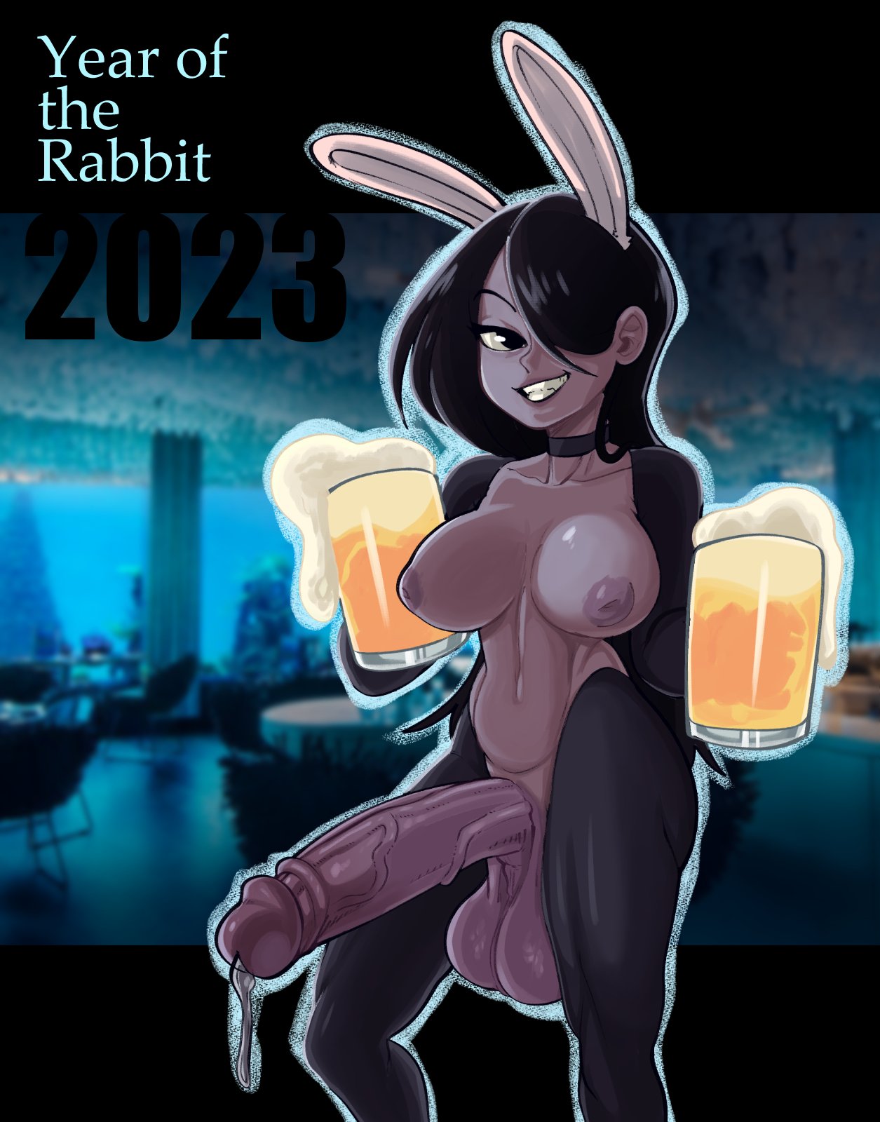 1futa alcohol areolae balls beer beer_mug big_breasts big_penis black_hair breasts bunny_ears chinese_zodiac clothed clothing erection functionally_nude futa_only futanari huge_balls huge_cock human light-skinned_futanari long_hair mrbooshmaster new_year new_year_2023 nipples nude original partially_clothed penis precum reverse_bunnysuit smile solo standing willow_(mrbooshmaster) year_of_the_rabbit