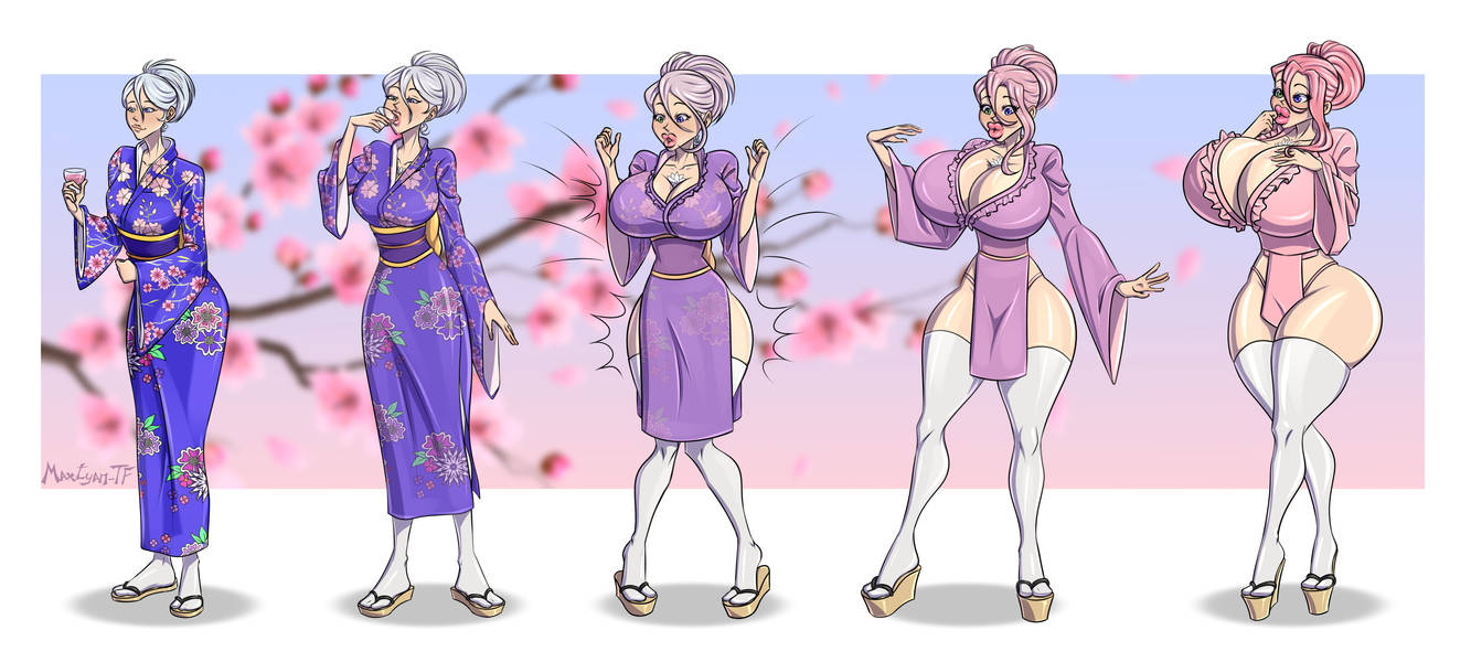 1girls age_regression ass ass_expansion bimbo bimbofication breast_expansion breasts cleavage female female_only heterochromia huge_ass huge_breasts kimono maxtyan-tf sequence solo solo_female transformation wide_hips