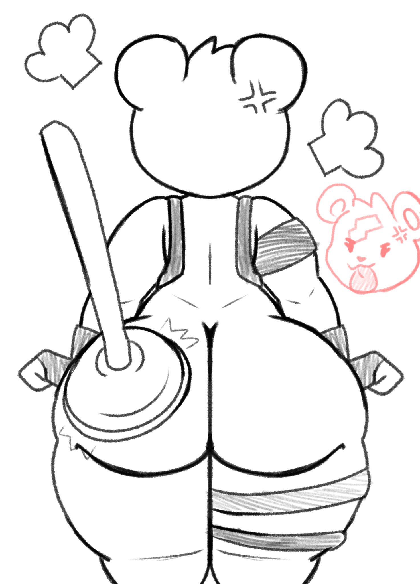 1girls, angry, anthro, ass, ass focus, bear, big ass, big butt, black and white, bubble ass, bubble butt, cuddle team leader, cutaway, female, fortnite, fortnite: battle royale, gloves, harness, huge ass, lewdewott, plunger, simple background, thick thighs, tongue, tongue out, ursid