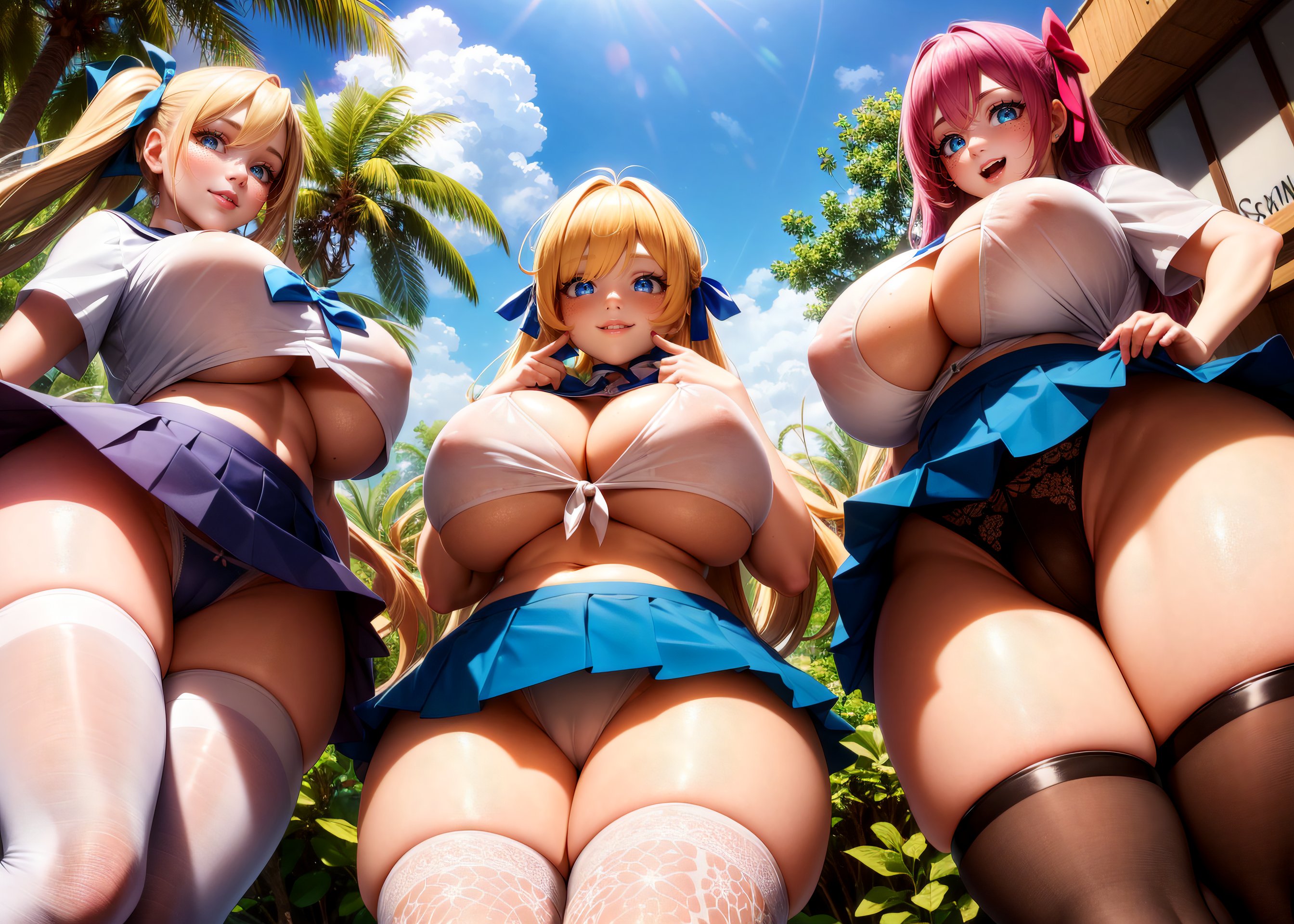 3girls, ai generated, blonde hair, breasts, breasts bigger than head, clothed, curvy, curvy body, curvy female, curvy figure, cute, female, female only, from below, hi res, high resolution, highres, huge breasts, legwear, low-angle view, mnemosynekoto, pink hair, school uniform, schoolgirl, skirt, slim waist, smile, stable diffusion, tagme, underwear, voluptuous, voluptuous female, wide hips