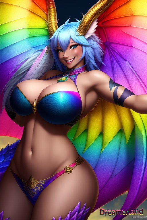 big_breasts blue_eyes blue_hair breasts horns huge_breasts rainbow rainbow_wings smile smiling