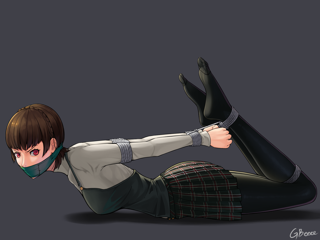 1girls bondage bound brown_hair full_body gag gbeeee makoto_niijima persona persona_5 plaid_skirt restrained short_hair simple_background