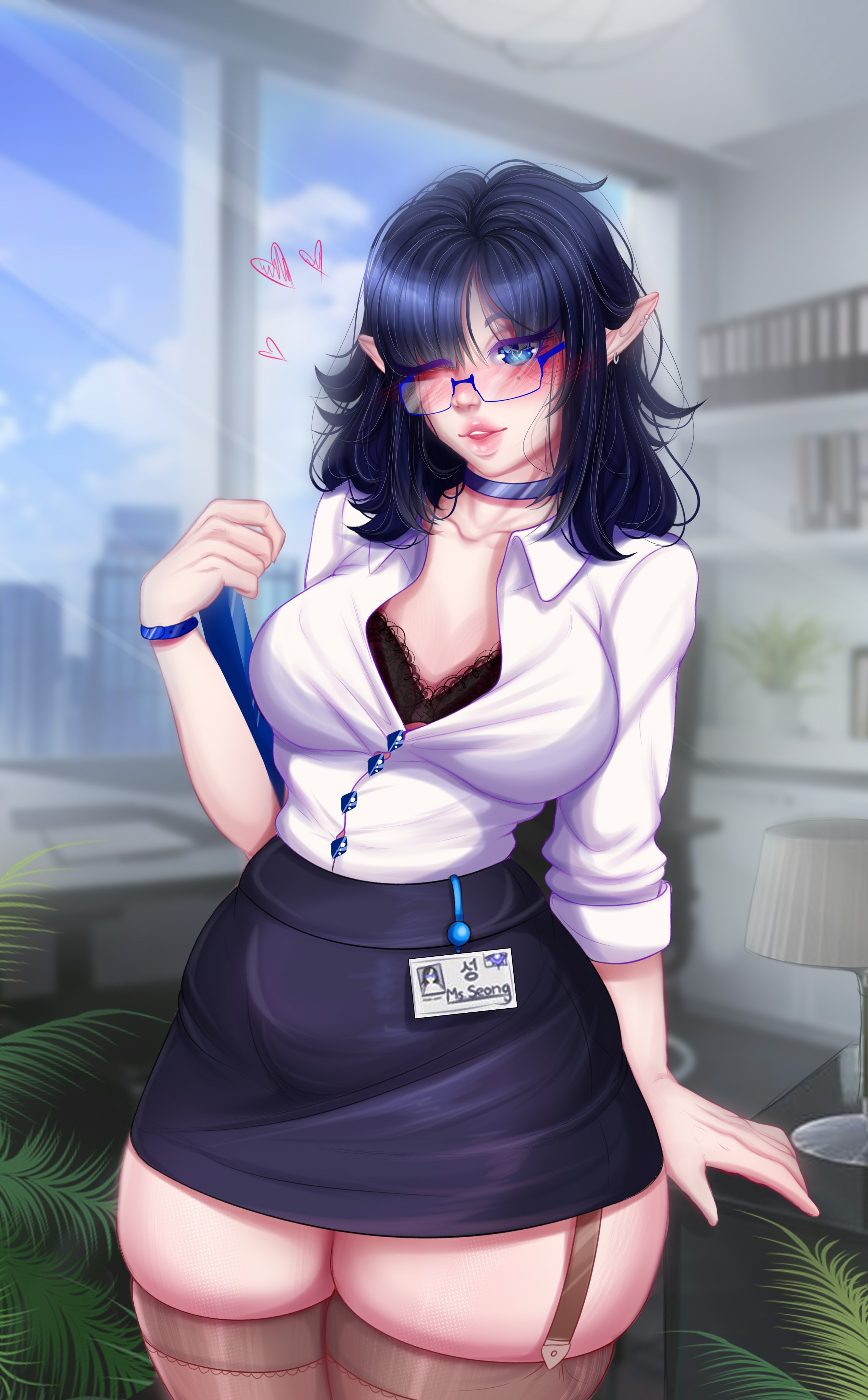 1girls, absurd res, black skirt, blue eyes, blue hair, blush, bra, bra peek, breasts, brown stockings, choker, detailed background, fanart, female, female only, garter straps, glasses, id card, large breasts, light skin, light-skinned female, liokko mao, long hair, looking at viewer, miniskirt, office, office lady, open shirt, pencil skirt, pointy ears, skirt, sleeves rolled up, solo, stockings, thick thighs, thigh squish, vampire, vampy (blushypixy), white shirt, wink, winking at viewer