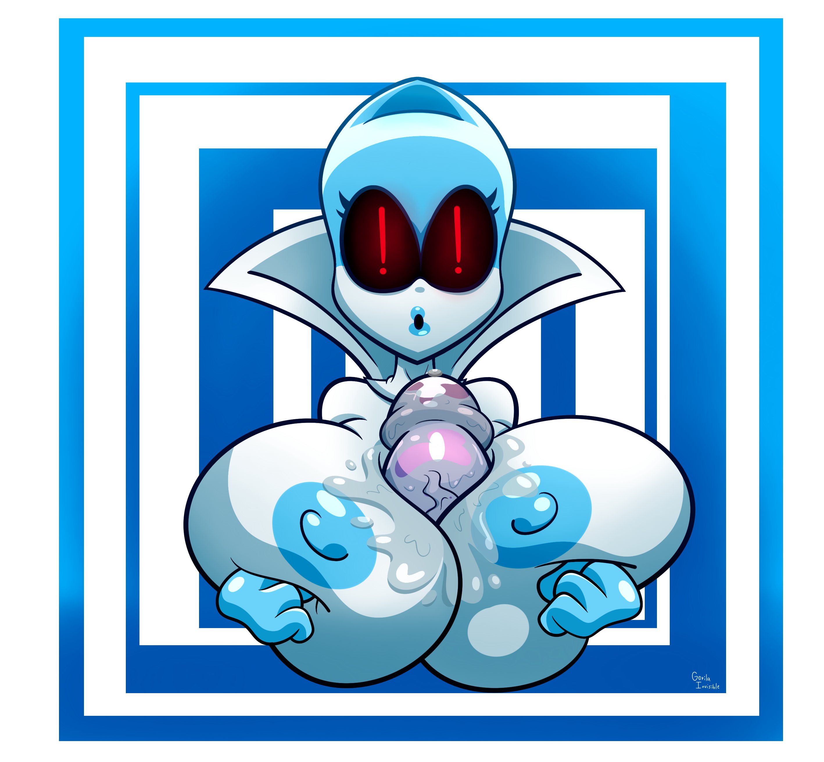 1girls, blue lipstick, breasts, cum, cum on breasts, deltarune, female, gorila invisible (artist), hands on breasts, huge breasts, large breasts, male, nipples, paizuri, penis, queen (deltarune), robot, robot girl, surprised expression, titjob, topless