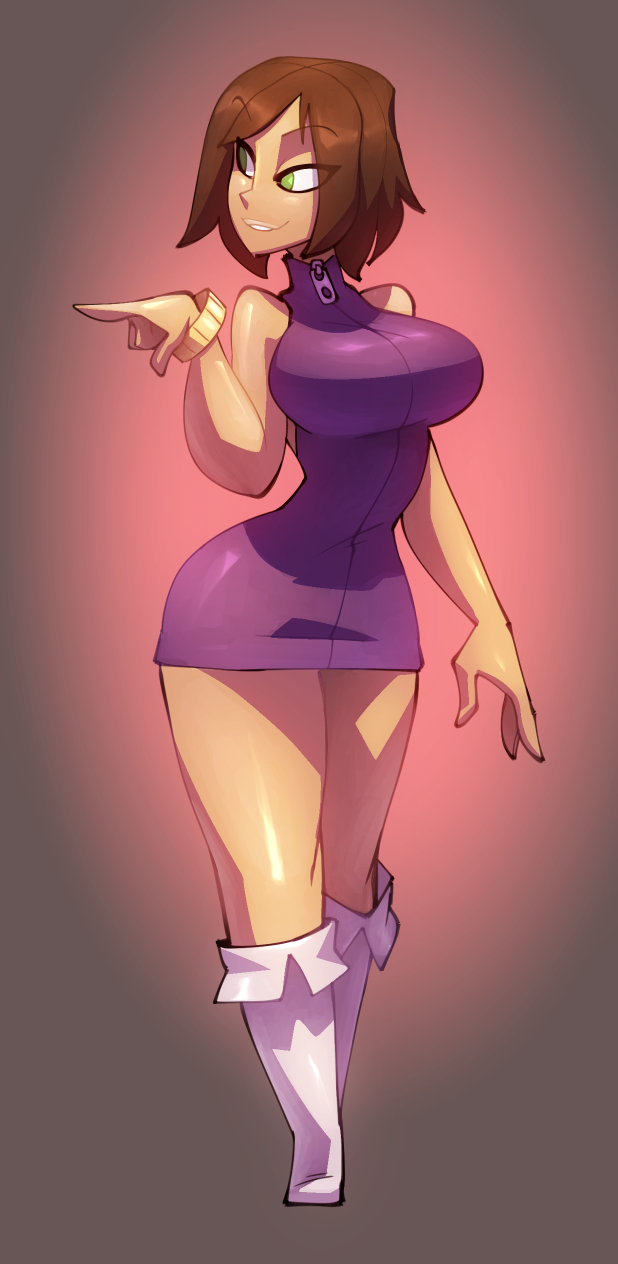 1girls, bigdad, bonnie rockwaller, bracelet, breasts, brown hair, disney, female, female only, green eyes, kim possible, large breasts, purple dress, solo