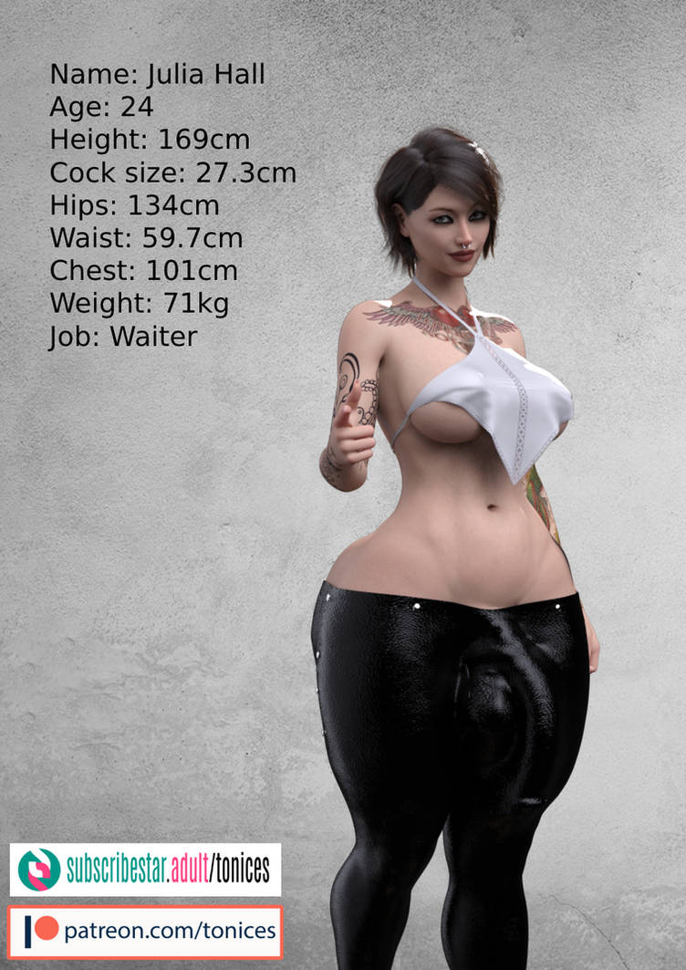 1futa, 3d, breasts, busty, character age, character bio, character height, character profile, character sheet, character weight, foreskin, fully retracted foreskin, futa only, futanari, hips, intersex, julia hall, large penis, light skin, light-skinned futa, original, original character, pants bulge, penis, reference sheet, retracted foreskin, three sizes, tonices, uncircumcised, uncut, wide hips