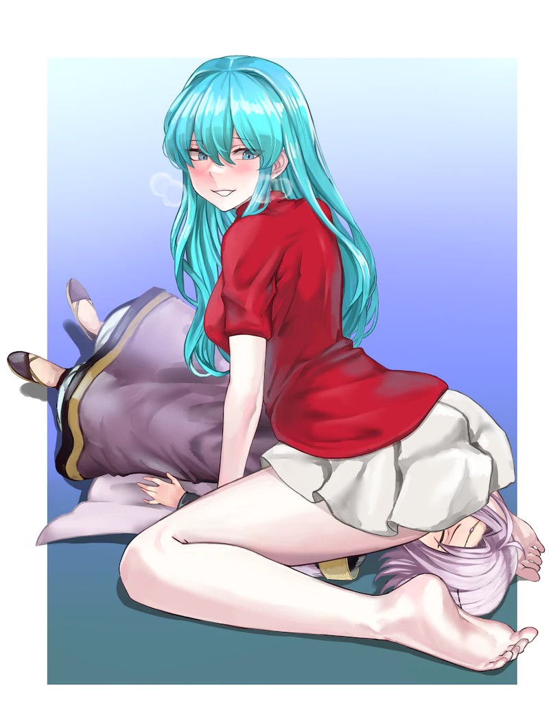 1boy 1girls ass bare_legs barefoot big_ass blue_eyes blue_hair blush breasts cape eirika_(fire_emblem) facesitting female fire_emblem fire_emblem:_the_sacred_stones grin heart heavy_breathing highres legs long_hair looking_back lyon_(fire_emblem) medium_breasts nintendo no_pants pocari66 purple_hair red_shirt robe shirt short_sleeves simple_background sitting_on_face skirt smile solo_focus straddling