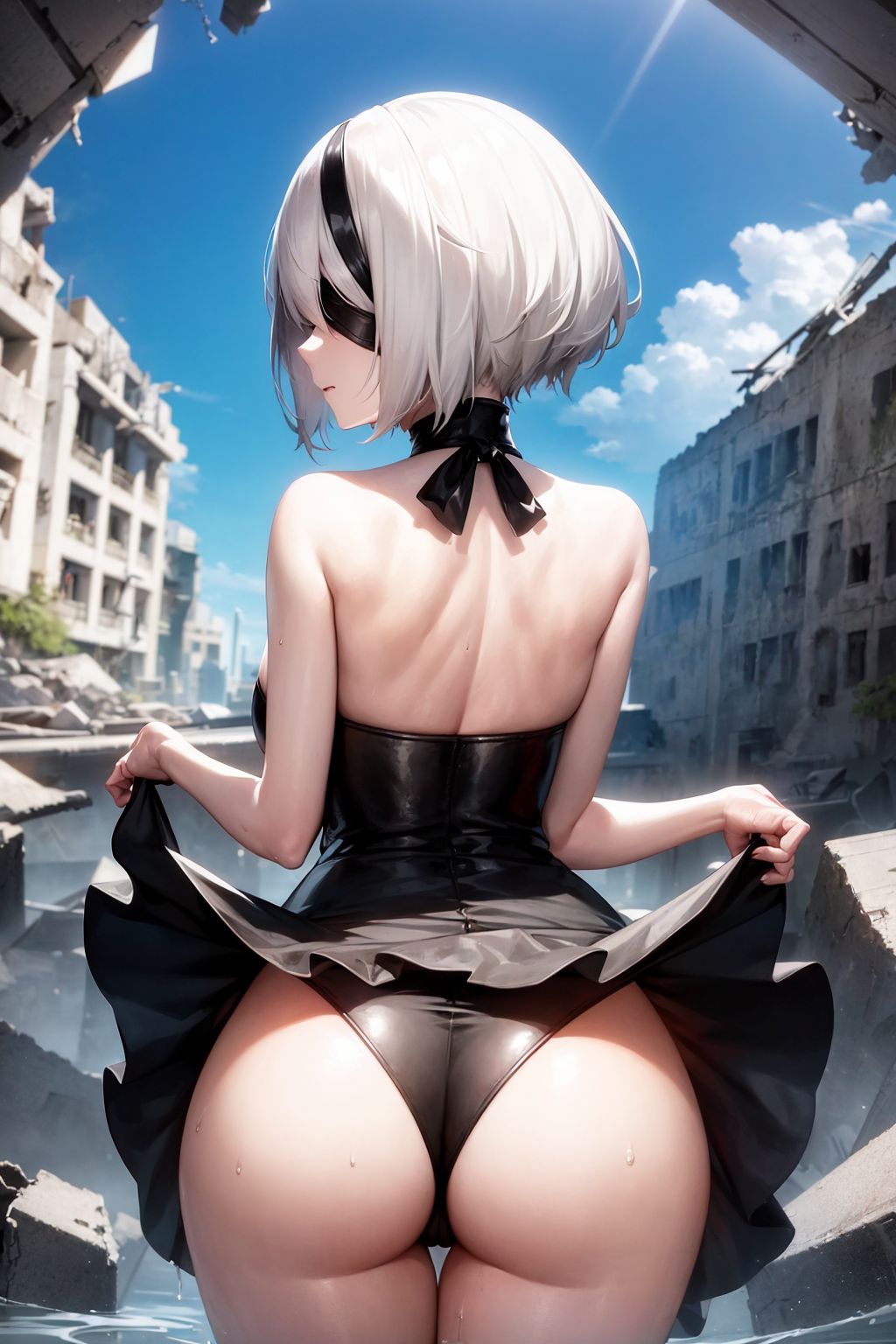 ai_generated ass big_ass blindfold dress nier:_automata shinshiai square_enix stable_diffusion thong_leotard underwear white_hair yorha_2b