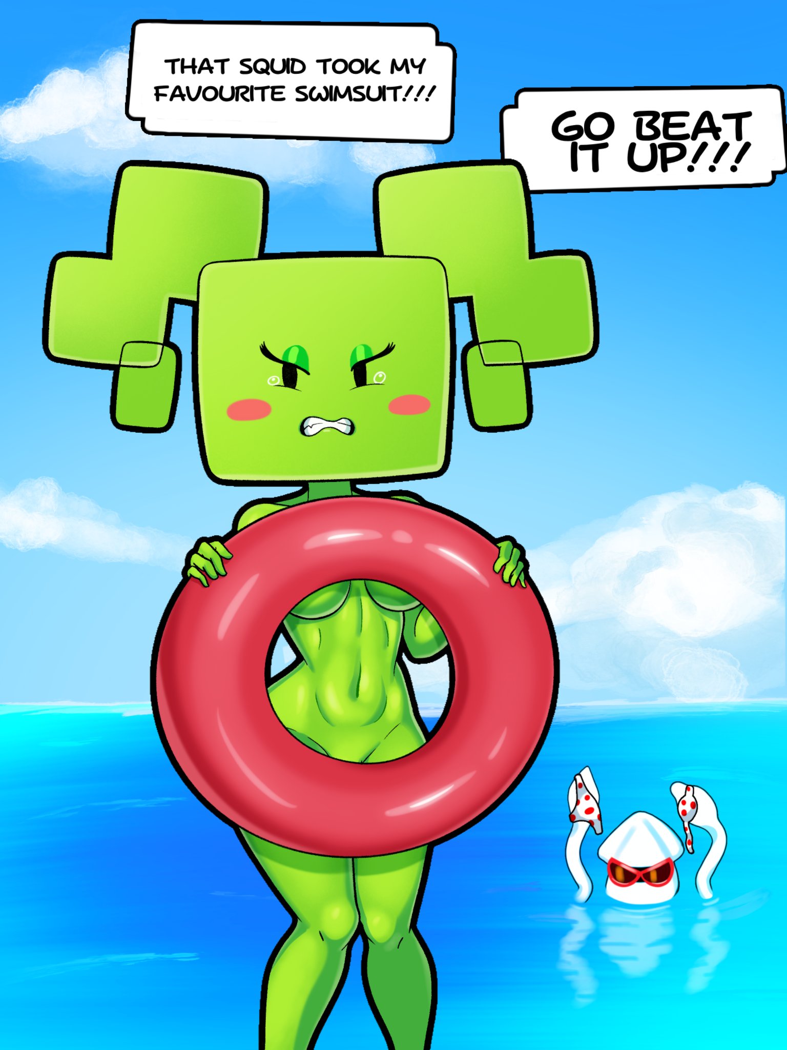 1girls, 2d, asking for help, assisted exposure, blooper, breasts, clenched teeth, embarrassed nude female, enf, female, green body, green skin, green-skinned female, half-closed eyes, inner tube, looking at viewer, mario (series), mimi (super paper mario), mob face, naked, nintendo, nude, ocean, paper mario, sleepiitreat, stripped, tagme, talking to viewer, text, text box, thighs, tube, wardrobe malfunction, wide hips