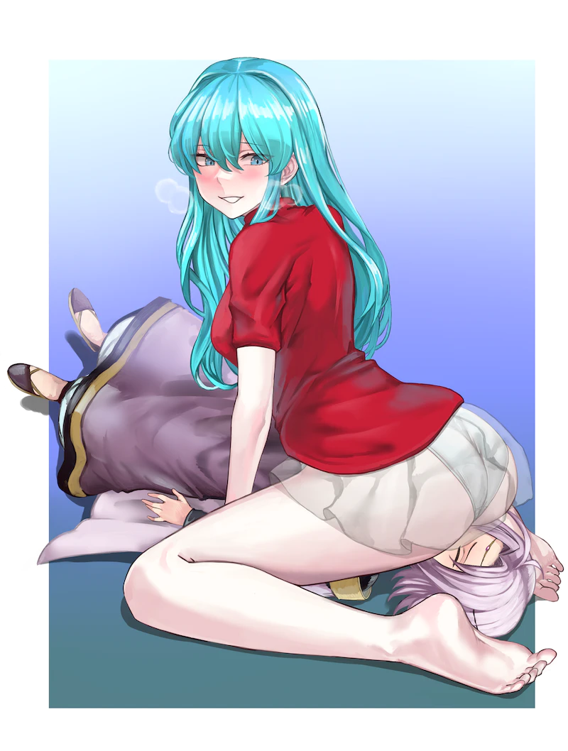 1boy 1girls ass bare_legs barefoot big_ass blue_eyes blue_hair blush breasts cape eirika_(fire_emblem) facesitting female fire_emblem fire_emblem:_the_sacred_stones grin heart heavy_breathing highres legs long_hair looking_back lyon_(fire_emblem) medium_breasts nintendo no_pants panties pocari66 purple_hair red_shirt robe shirt short_sleeves simple_background sitting_on_face skirt smile solo_focus straddling underwear white_panties x-ray