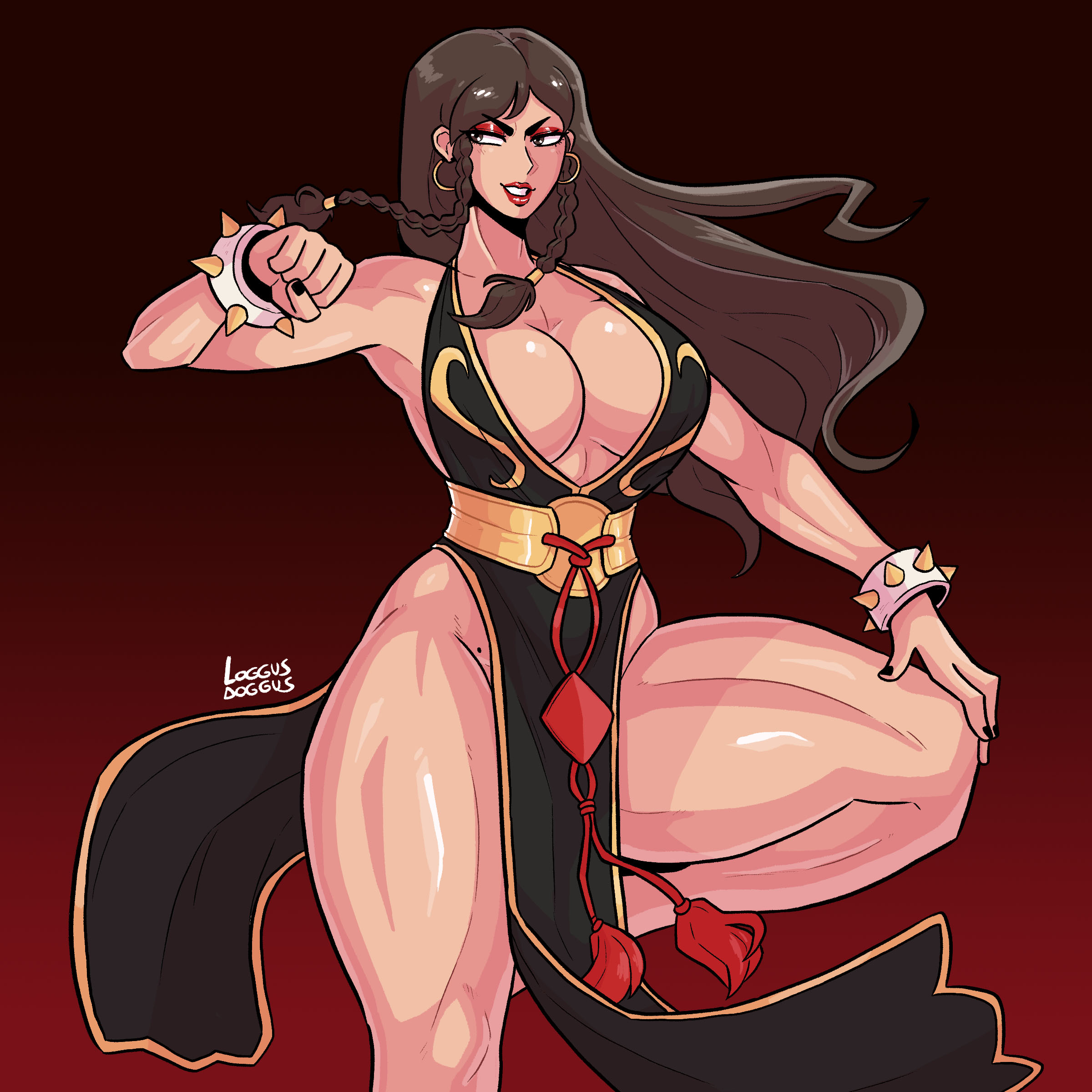 1girls, alternate costume, alternate hairstyle, breasts, chinese clothes, chinese dress, chun-li, chun-li (battle ouffit sfv), cleavage, female, female only, fully clothed, large breasts, lipstick, loggus doggus, long hair, muscular, muscular female, muscular thighs, qipao, revealing clothes, solo, street fighter, street fighter v, wide hips, wide thighs