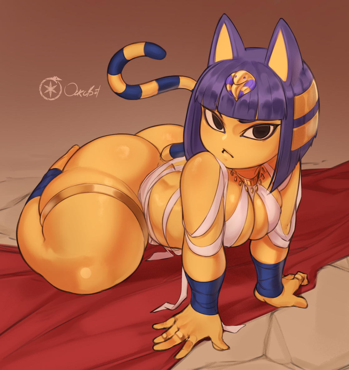 1girls, animal crossing, ankha, ankha (animal crossing), ass, big ass, blue eyes, blue hair, curvaceous, digital media (artwork), egyptian clothes, feline, feline humanoid, female, female only, furry, furry only, nintendo, ourobot, short hair, solo, tagme, thick thighs, thighs, yellow body