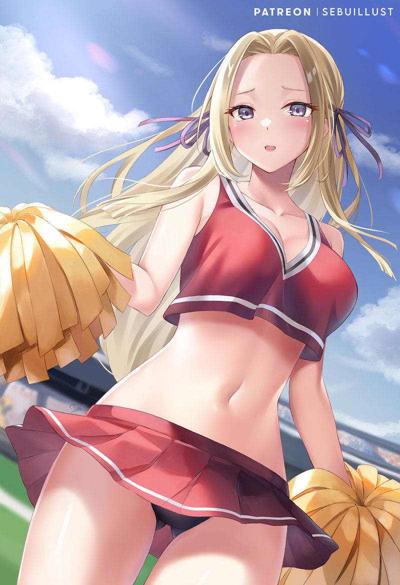 1girls alternate_costume alternate_hair_color ass_visible_through_thighs black_panties blonde_hair blue_sky breasts cheerleader cleavage cloud collarbone commentary_request cowboy_shot crop_top crop_top_overhang day edelgard_von_hresvelg female female female_only fire_emblem fire_emblem:_three_houses forehead hair_ribbon holding holding_pom_poms large_breasts long_hair midriff miniskirt navel nintendo open_mouth outdoors panties pantyshot partial_commentary pleated_skirt pom_pom_(cheerleading) purple_eyes purple_ribbon red_shirt red_skirt ribbon sebu_illust shirt skirt sky sleeveless sleeveless_shirt solo standing stomach thighs underwear upskirt very_long_hair