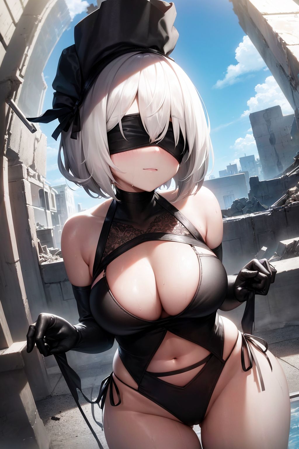 ai_generated blindfold breasts leotard lingerie nier:_automata shinshiai square_enix stable_diffusion thong_leotard underwear white_hair yorha_2b