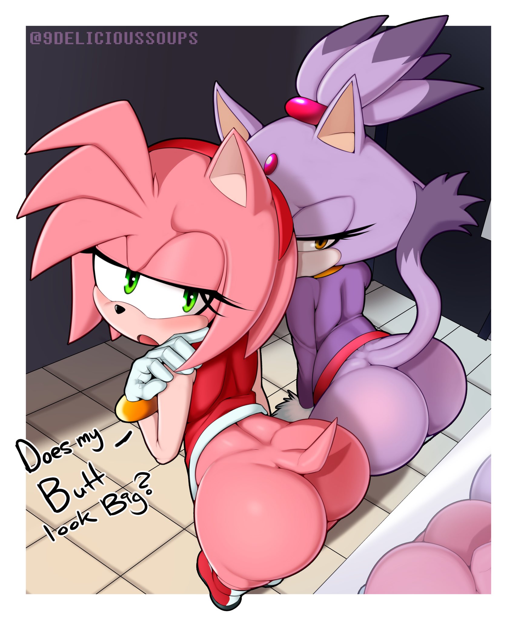 2girls, amy rose, anthro, ass, big ass, blaze the cat, bubble ass, bubble butt, clothing, delicioussoup, dialogue, fat ass, feline, female, female focus, female only, hedgehog, large ass, looking at self, looking back, mirror, mirror reflection, multiple females, multiple girls, no panties, reflection, sega, sonic (series), sonic the hedgehog (series), text, thick ass