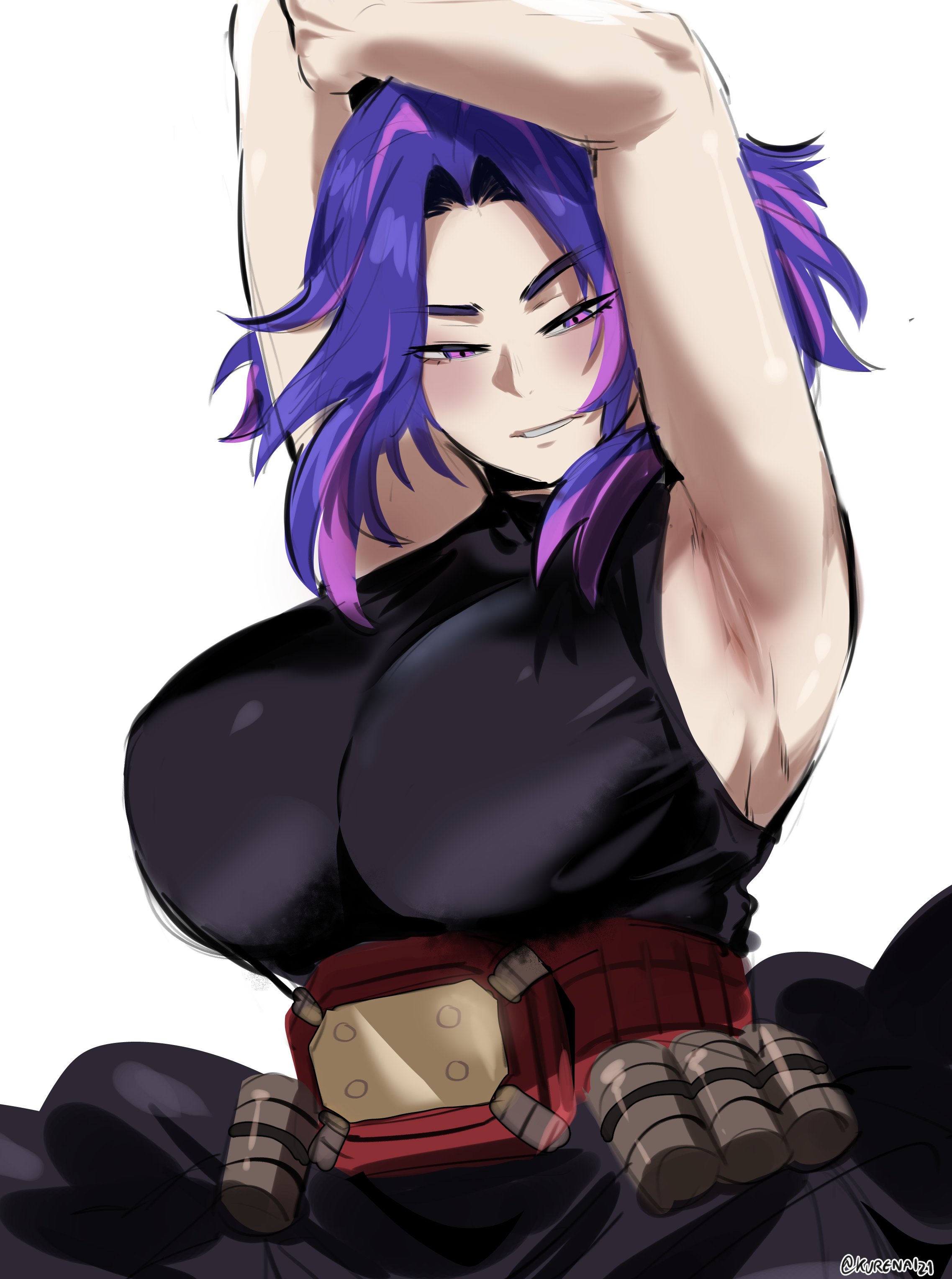 1girls, armpits, arms up, bare shoulders, big breasts, black dress, blush, breasts, female, female only, kaina tsutsumi, kurenaiz1, lady nagant, my hero academia, purple eyes, purple hair, purple-haired female, seductive look, short hair, solo, two-tone hair
