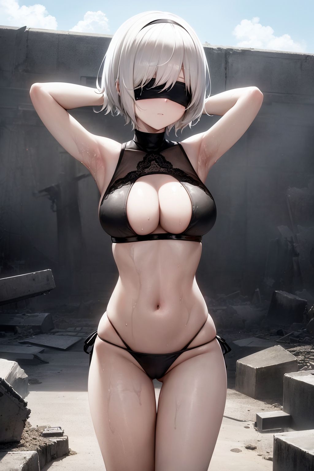 ai_generated bikini blindfold breasts nier:_automata shinshiai square_enix stable_diffusion thong_leotard underwear white_hair yorha_2b