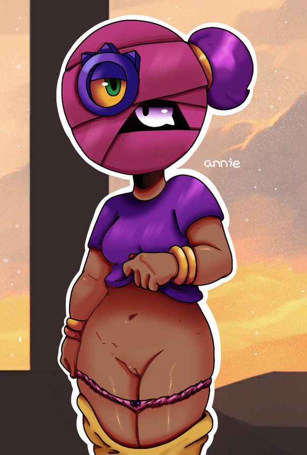 1girls anniebs artist_name bandage bandage_on_face blushed brawl_stars breasts chibi dark-skinned_female dark_body female female_only full_body looking_at_viewer panties panties_down partially_clothed ponytail purple_hair pussy showing_pussy showing_vagina small_breasts solo solo_female tara_(brawl_stars) vagina watermark