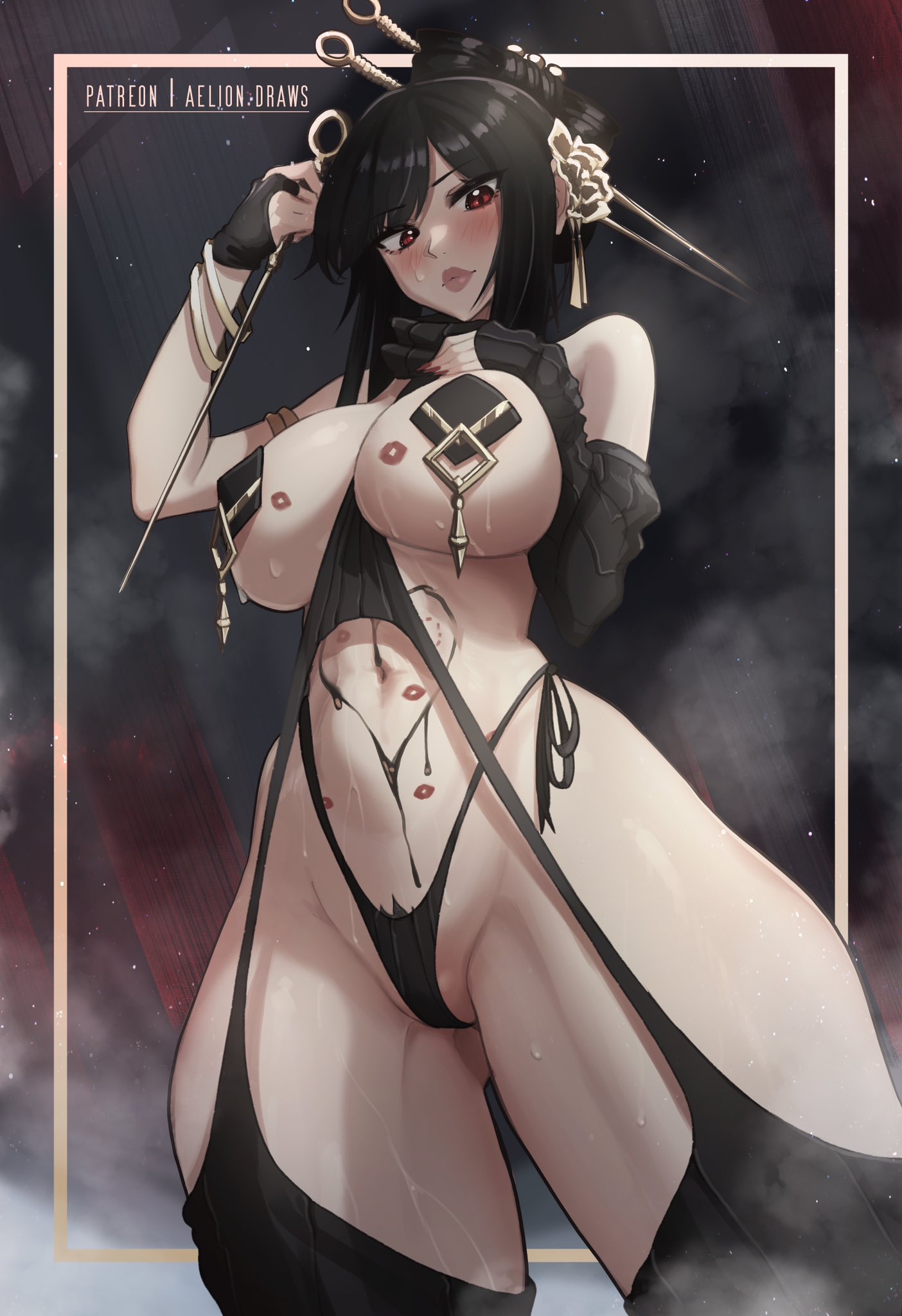 1girls, aelion draws, alternate version available, assassin, big breasts, black hair, breasts, female, female human, fit, fit female, full lips, hips, human, implied yuri, kiss mark, kiss marks, large breasts, light skin, light-skinned female, lipstick, lipstick mark, long hair, mature female, pasties, red eyes, slim waist, spy x family, stiletto (weapon), sweat, sweaty body, thick thighs, thighs, thorn princess, wide hips, yor briar, yor forger