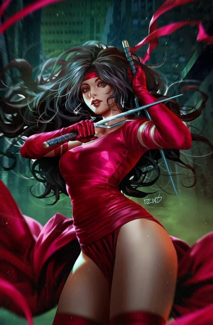 1girls antiheroine artist_request black_hair elektra_natchios female female_only light-skinned_female long_hair marvel marvel_comics solo thick_thighs thighs