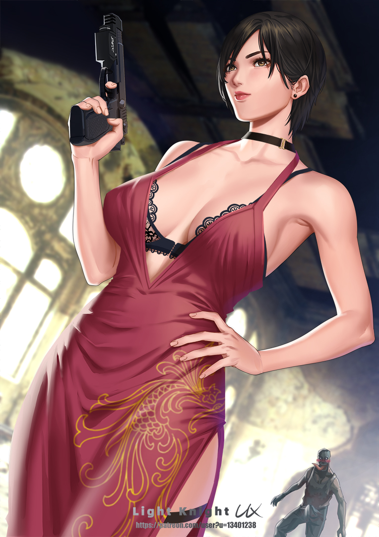 1girls ada_wong ada_wong_(caroline_ribeiro) alternate_version_available asian asian_female bra capcom chinese_clothes choker dbd dead_by_daylight female female_focus fully_clothed gun hand_on_hip l.k resident_evil resident_evil_4 short_hair