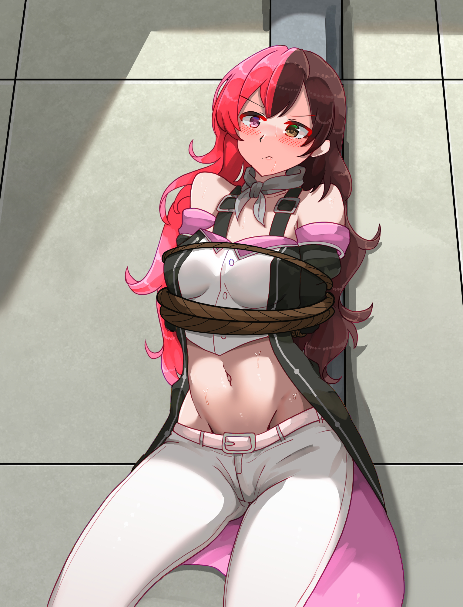 1girls, bakasplilzy, black clothing, black neckwear, blush, blush lines, bound, bound arms, brown hair, female, navel, neo (rwby), pink clothing, pink hair, rope, rwby, tagme, tagme (artist), white clothing