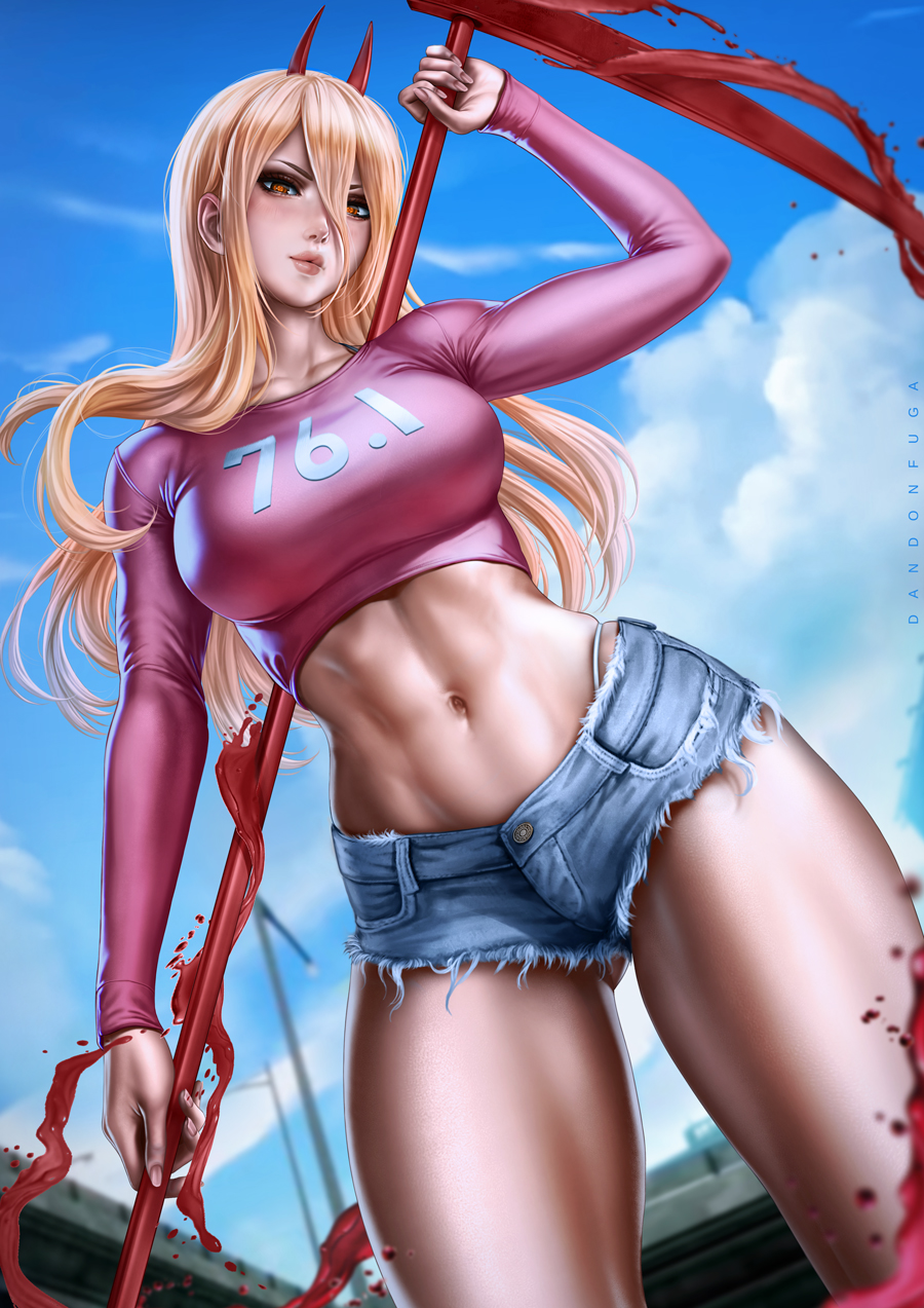 1girls, abs, blonde hair, breasts, chainsaw man, crop top, dandon fuga, denim shorts, female, female only, horns, large breasts, long hair, looking at viewer, midriff, navel, orange eyes, outdoors, pink shirt, power (chainsaw man), scythe, shorts, solo, thong, thong above shorts, thong straps, tight clothing, tight shirt, weapon
