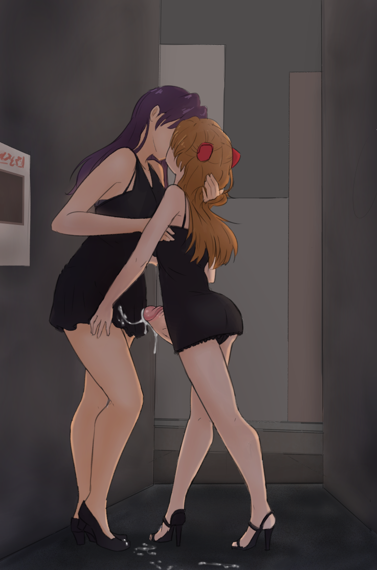 1futa 1girls 3rd_party_edit alley asuka_langley_sohryu cum cum_on_clothes cum_on_ground dress female futa_on_female futanari high_heels hiwonoafu kissing misato_katsuragi neon_genesis_evangelion