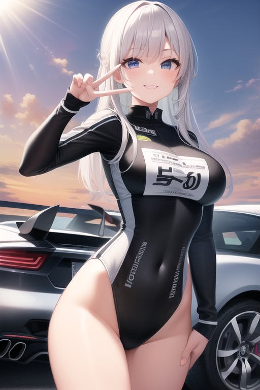 1girls ai_generated big_ass big_breasts blue_eyes car female female_only fit_female leotard smile sports_car white_hair