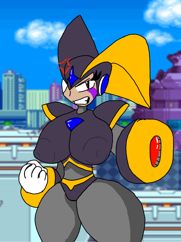 1girls angry arm_cannon artist_request bass_(mega_man) black_armor black_helmet blue_sky building clouds female huge_breasts huge_thighs light-skinned_female looking_at_viewer mega_man mega_man(classic) purple_markings red_eyes rule_63 tagme white_hand