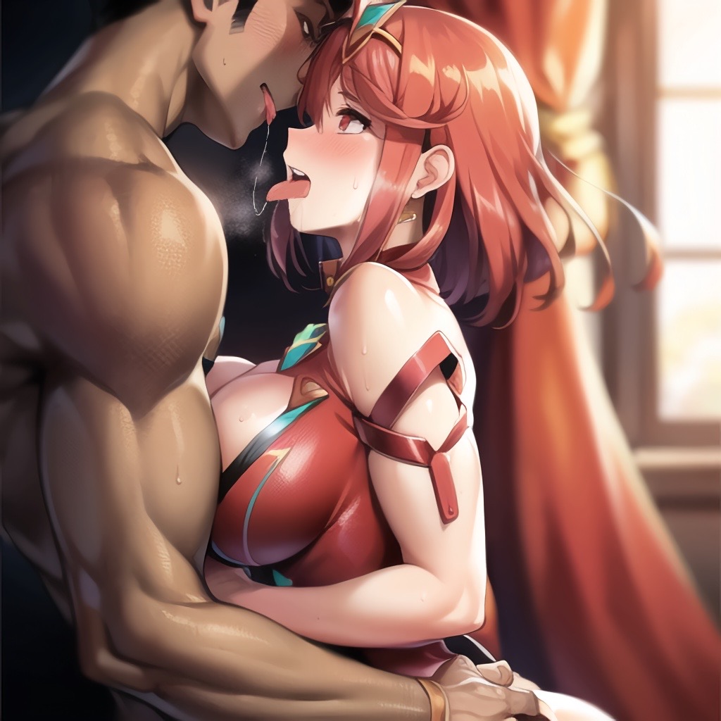 1boy, 1girls, ai generated, breasts, core crystal, female, large breasts, male, nintendo, pyra, pyra (xenoblade), red eyes, red hair, xenoblade (series), xenoblade chronicles 2