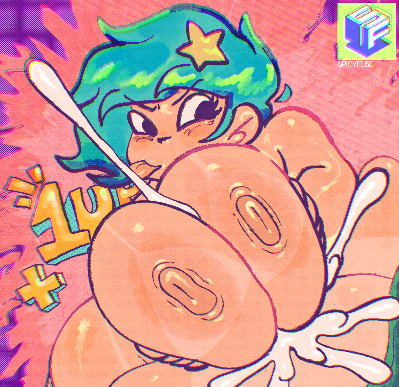 1boy, 1girls, alternate breast size, areolae, big breasts, bimbo, blue hair, blush, breasts, choker, color, creamy cum, cum, cum between breasts, ejaculation, ejaculation between breasts, engulfing paizuri, excessive cum, female, hair ornament, huge areolae, huge breasts, huge nipples, large breasts, male, nipples, nude, nude female, onomatopoeia, outercourse, paizuri, paizuri lead by female, paizuri on lap, partial male, projectile cum, ramona flowers, scott pilgrim, sex, spicyfuse, star hair ornament, straight, sweat, tongue, tongue out, venus body