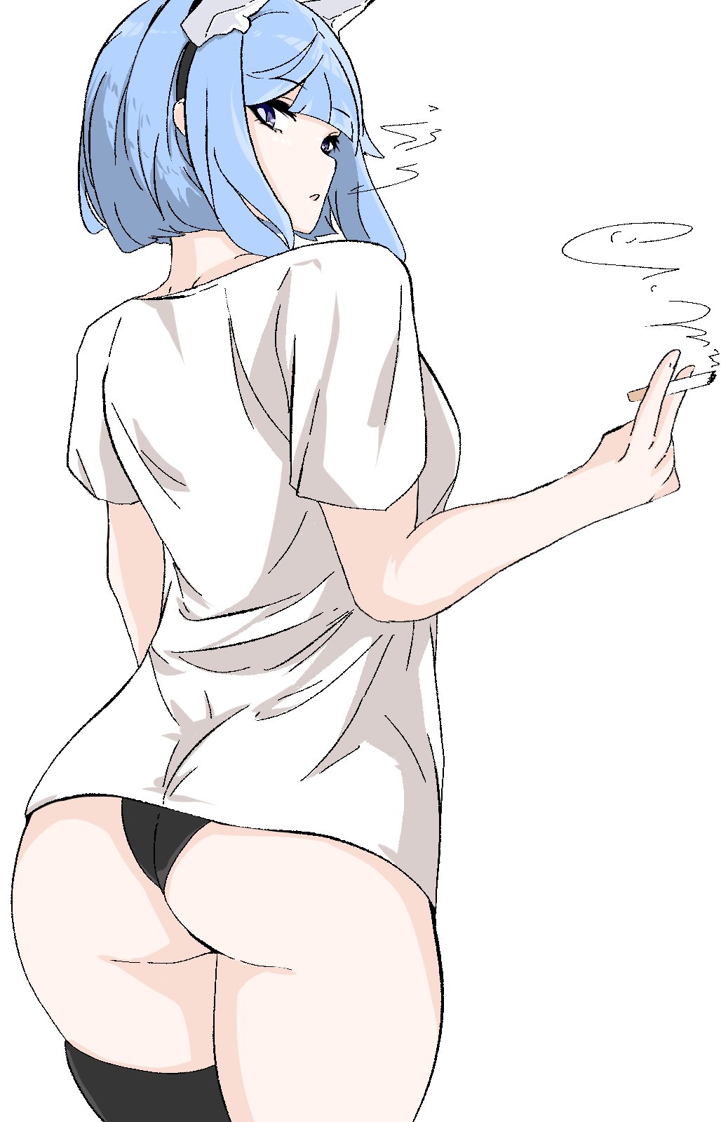 1girls ass barely_clothed big_ass black_panties blue_hair cigar cigarette female female_only fire_emblem fire_emblem_heroes hips light_blue_hair looking_back nifl_(fire_emblem) nintendo one_stocking panties shirt shirt_only short_hair smoke smoking solo stockings t-shirt tavi_(hosheezus) upskirt white_background